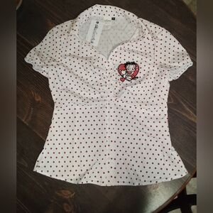 Betty Boop White Button-Down Shirt with Red Polka Dots